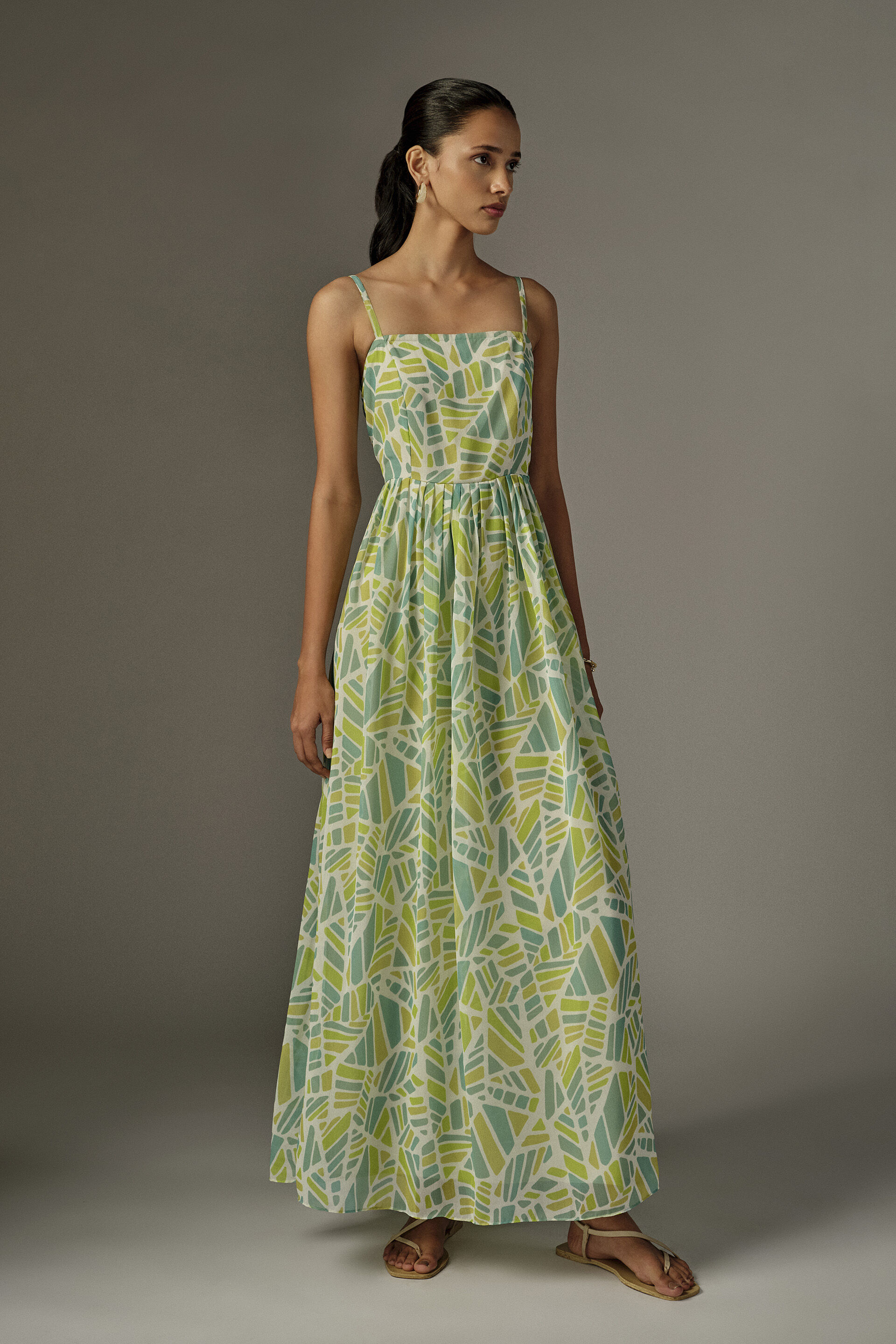 Fit & Flare Printed Maxi Dress in Green